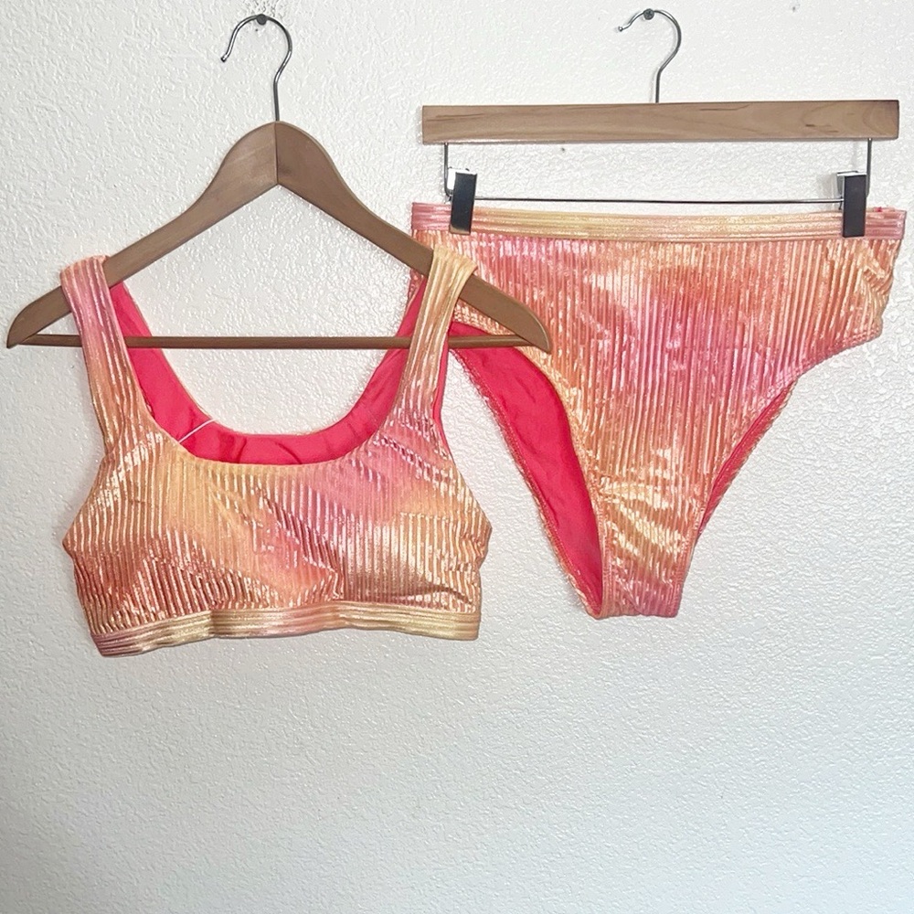 Halara Ribbed Colorful Orange Pink Bikini Swim Suit NEW